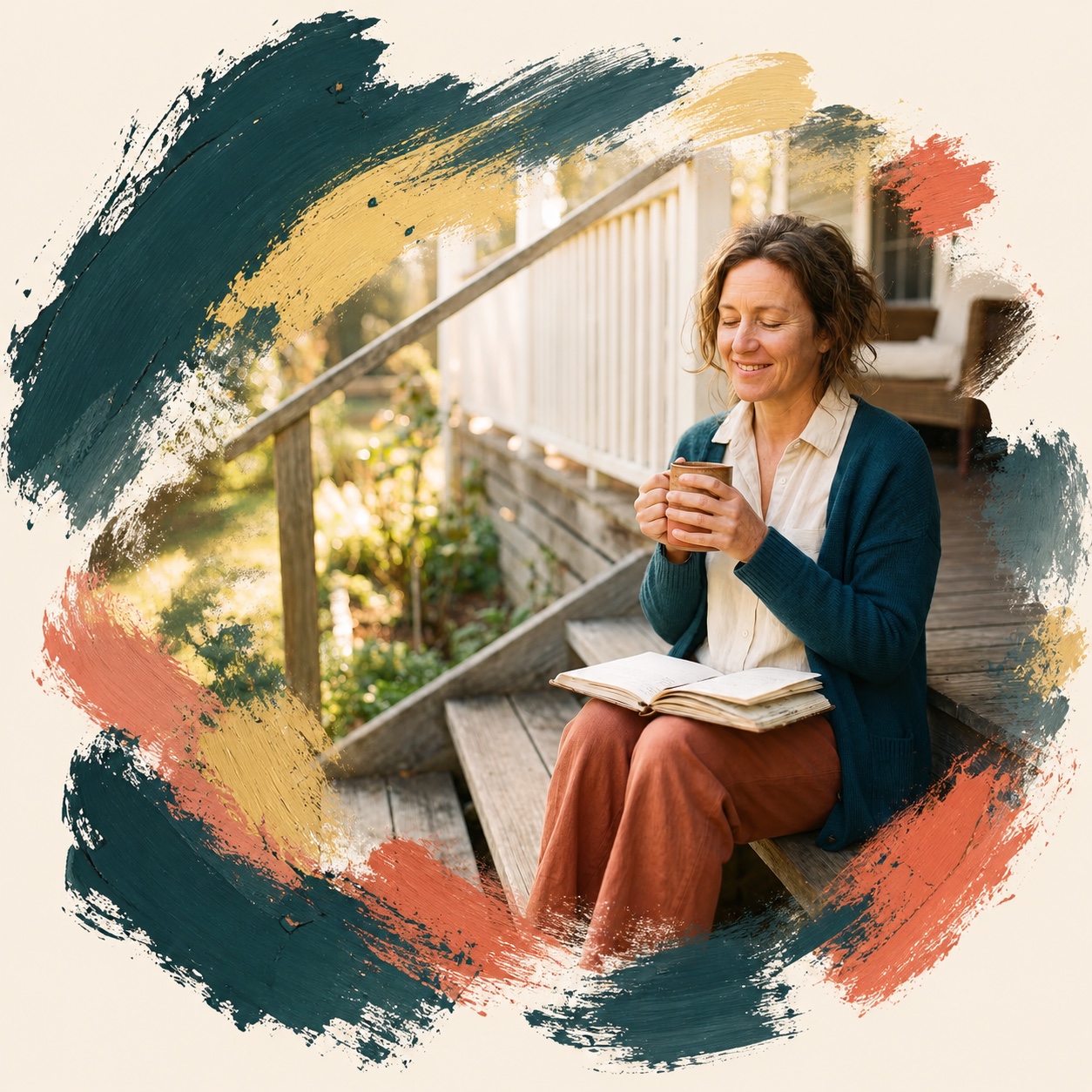 A woman sitting on her porch steps in morning light, smiling over a mug of coffee with a journal open on her lap, surrounded by expressive teal, coral, and gold paint.
